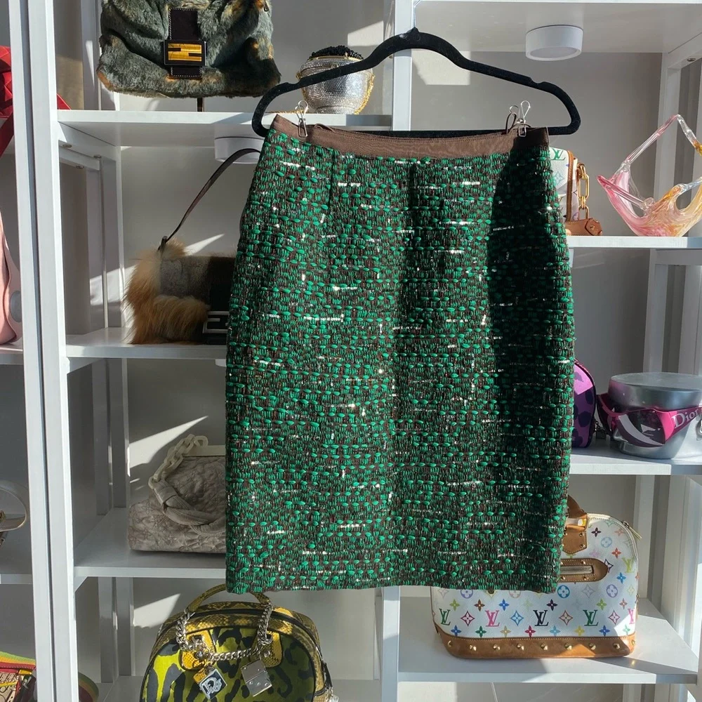 Oscar de la Renta Silk & Sequins Green Midi Skirt 🎄 - Picture 3 of 7